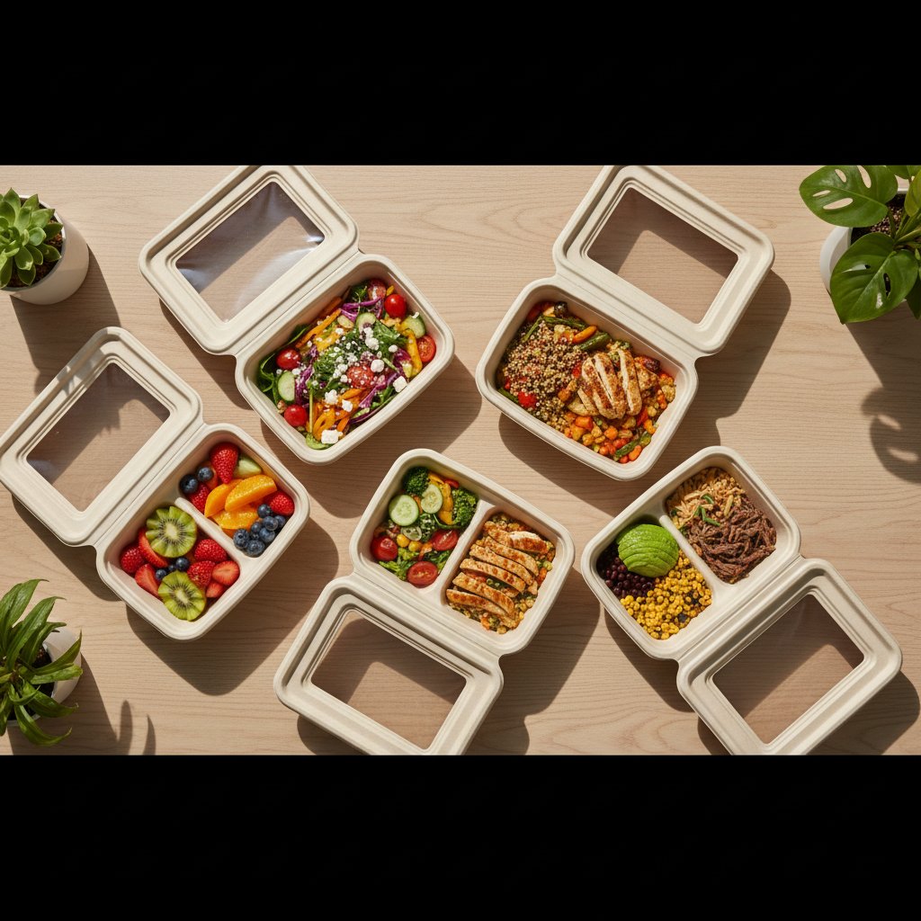 Fresh office lunch delivery with variety of healthy meals in containers